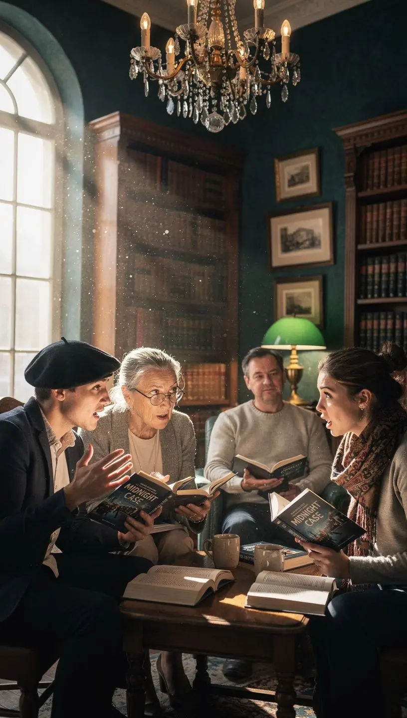 Eine Gruppe von Lesern, die in einem modernen Raum über einen spannenden Kriminalroman diskutiert.