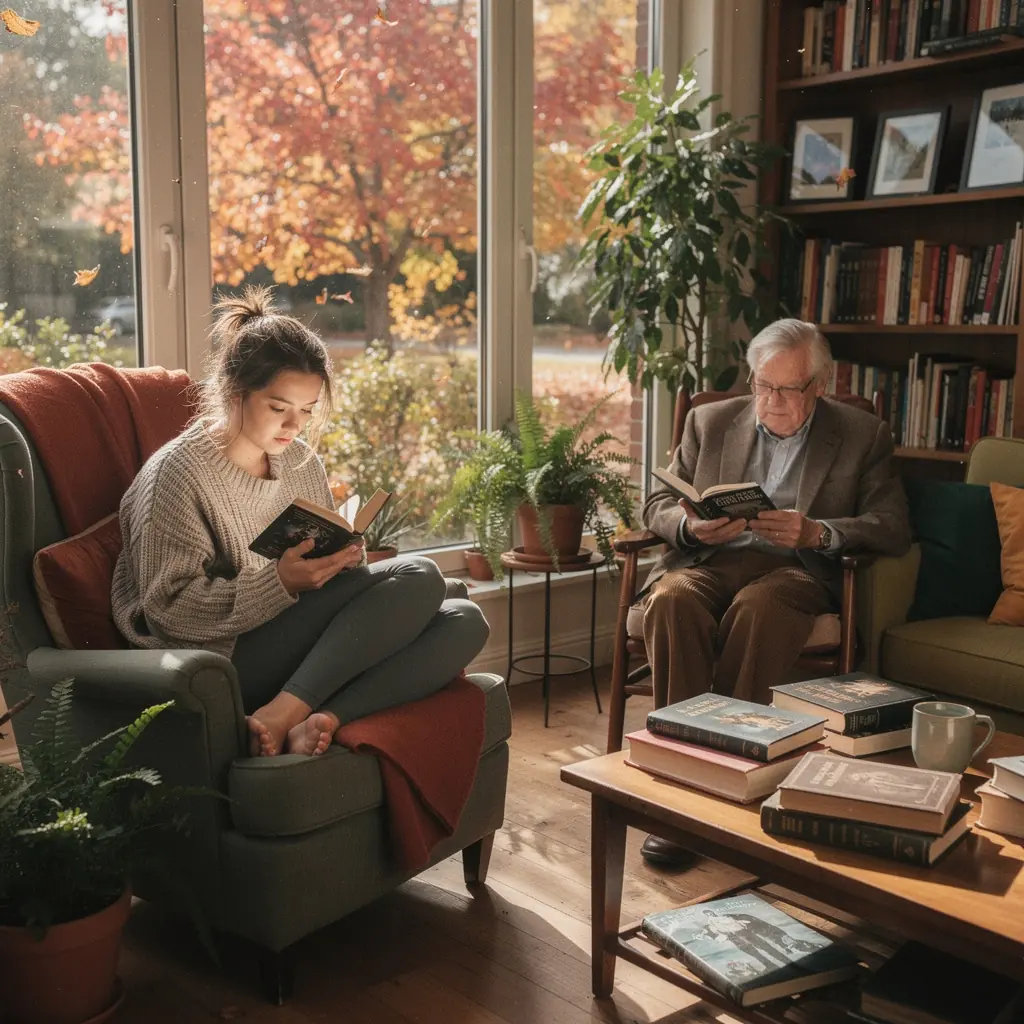Eine Gruppe von Lesern, die angeregt über ihren Lieblingskrimi diskutiert, während sie an einem Tisch in der Buchhandlung sitzen.