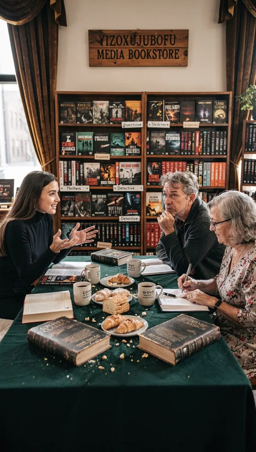 Ein Bücherregal voller spannender Kriminalromane und Detektivthriller in einer gemütlichen Buchhandlung.