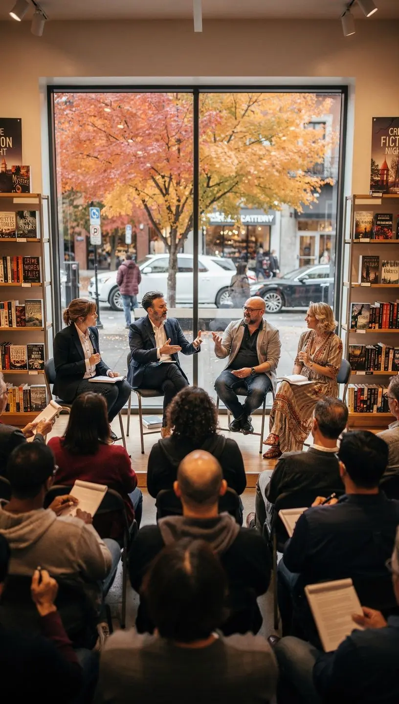 Ein gemütlicher Lesesessel in einer Buchhandlung, umgeben von Regalen voller Kriminalromane und Detektivgeschichten.