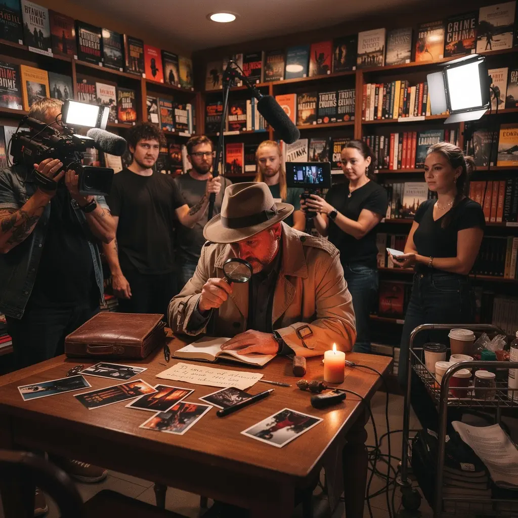 Eine gemГјtliche Leseecke in der Buchhandlung mit einem Sessel und einem Tisch, umgeben von spannenden BГјchern.