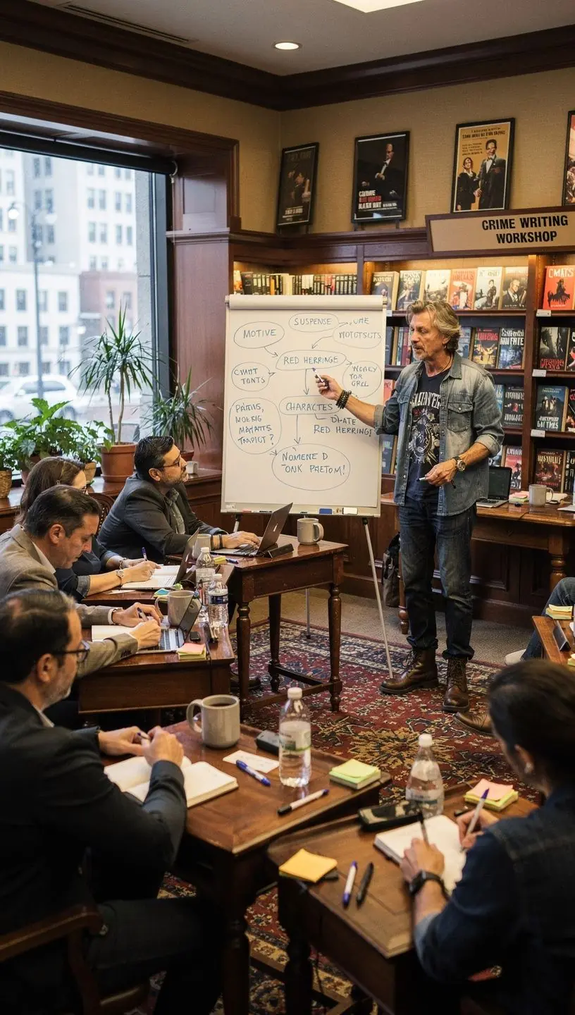 Ein stilvolles Schaufenster der Buchhandlung, das die neuesten Bestseller im Bereich Kriminalromane prГ¤sentiert.