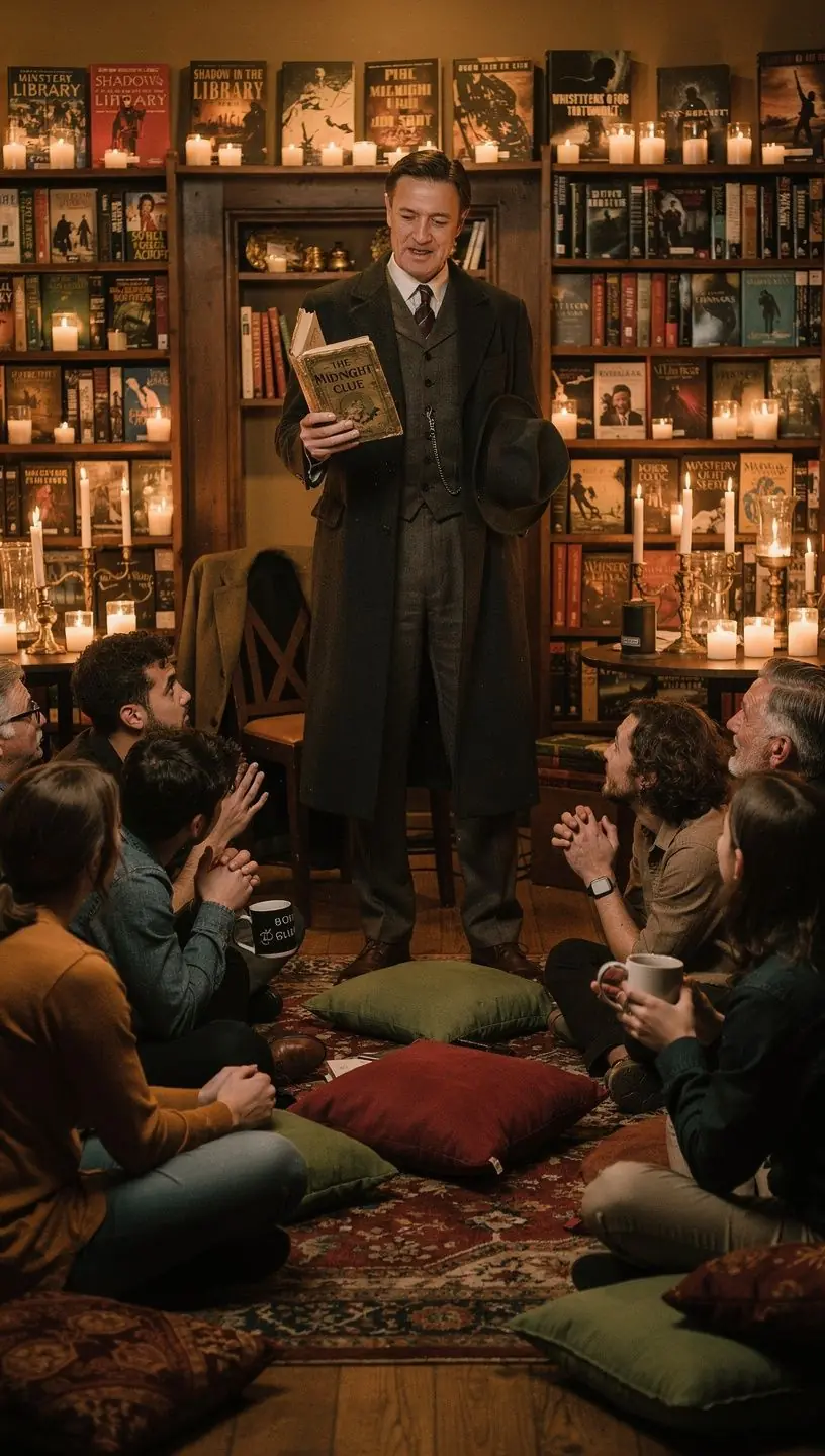 Ein Bild von einem Lesekreis, bei dem Teilnehmer leidenschaftlich über einen Kriminalfall sprechen.