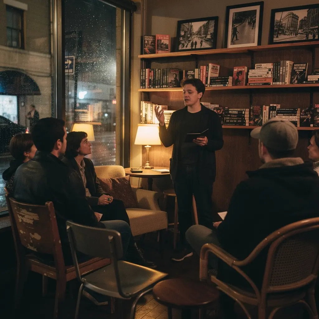 Ein gemütlicher Leseplatz in der Buchhandlung, umgeben von spannenden Büchern und einer Tasse Kaffee.